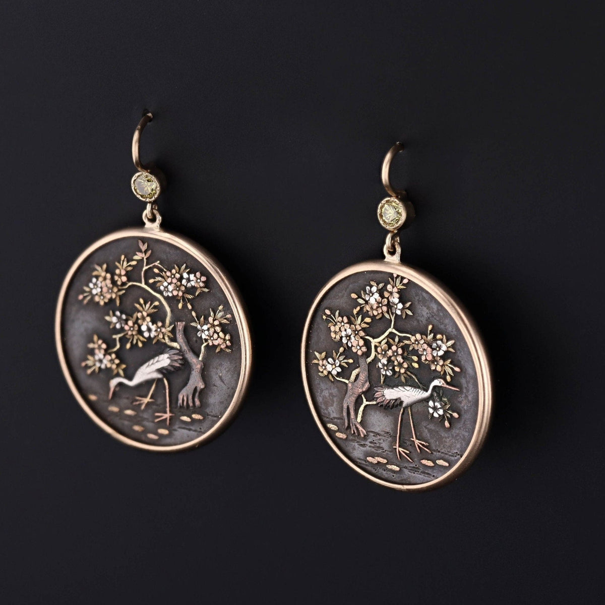 Shakudo Earrings | Antique Heron Earrings - Trademark Antiques