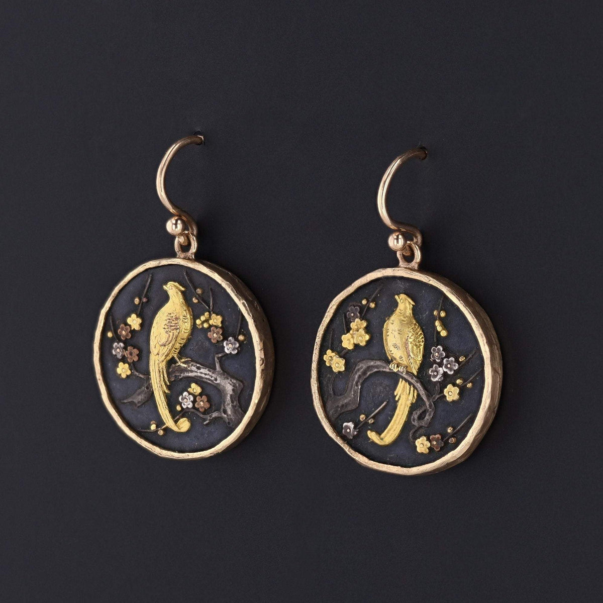 Shakudo Earrings | Antique Shakudo Earrings with Diamonds - Trademark Antiques
