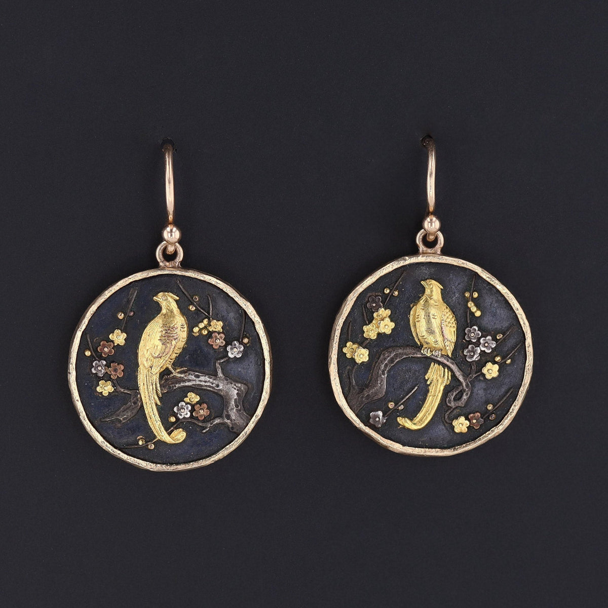 Shakudo Earrings | Antique Shakudo Earrings with Diamonds - Trademark Antiques
