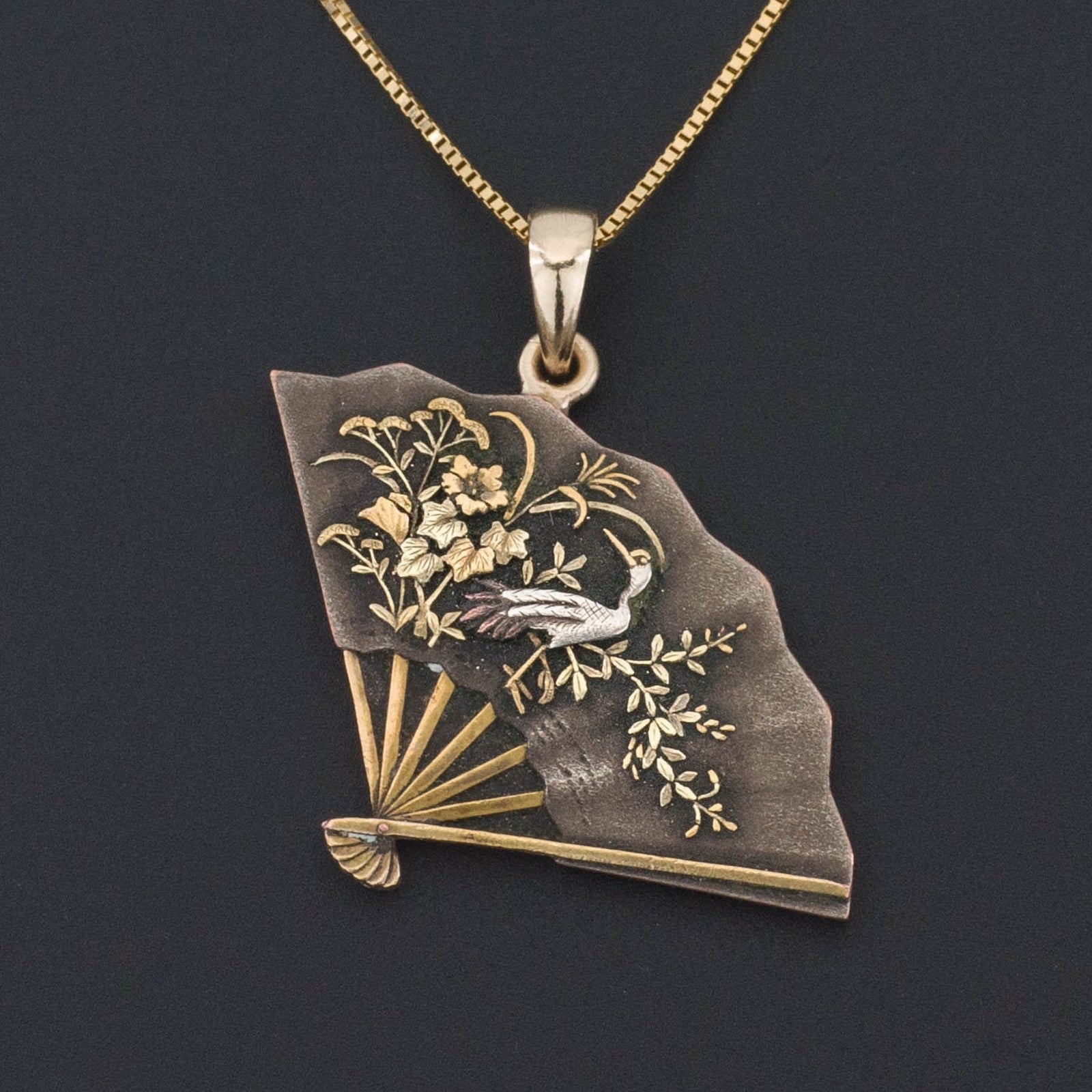 Shakudo Pendant | Antique Shakudo fan with Crane on Optional 14k Gold Chain - Trademark Antiques
