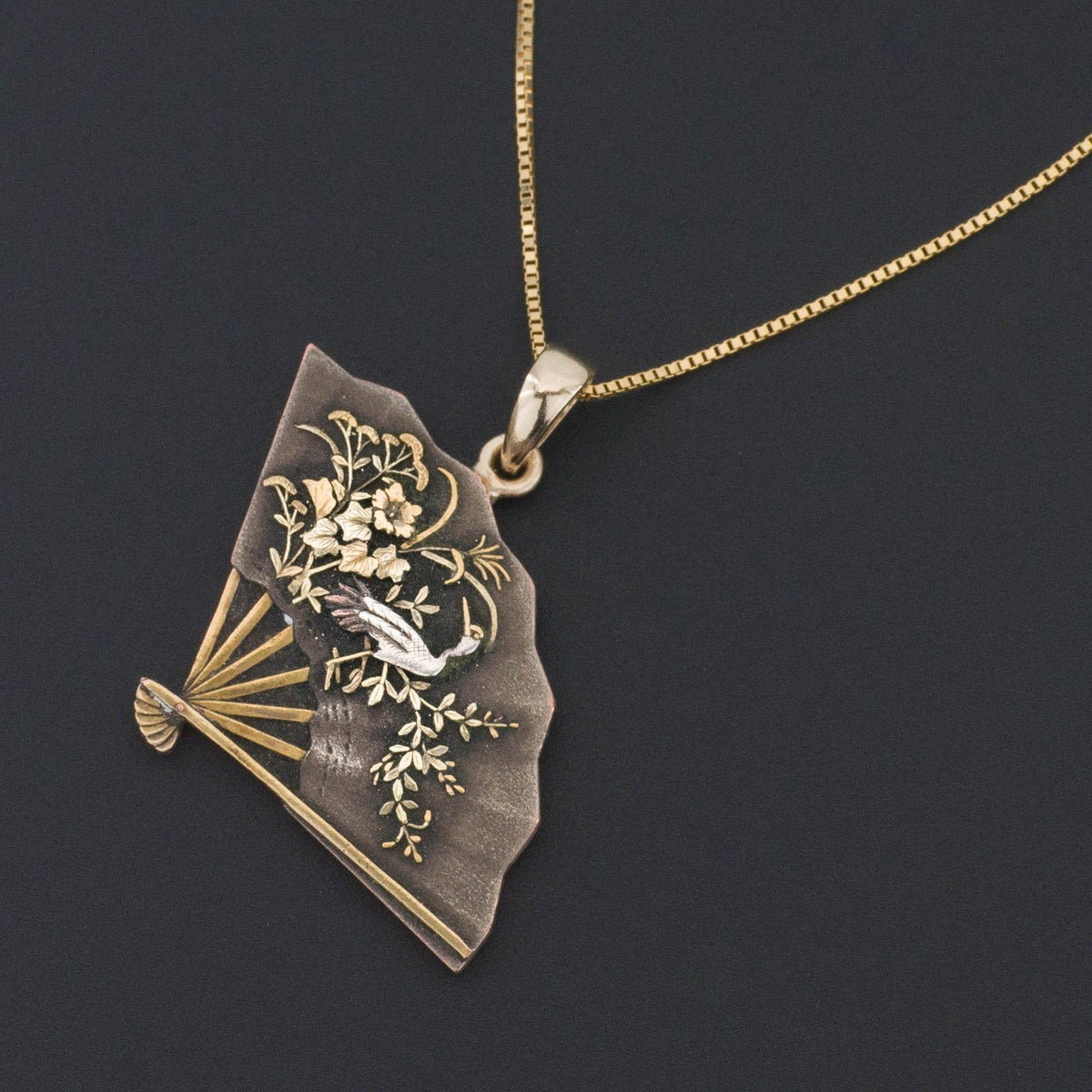 Shakudo Pendant | Antique Shakudo fan with Crane on Optional 14k Gold Chain - Trademark Antiques