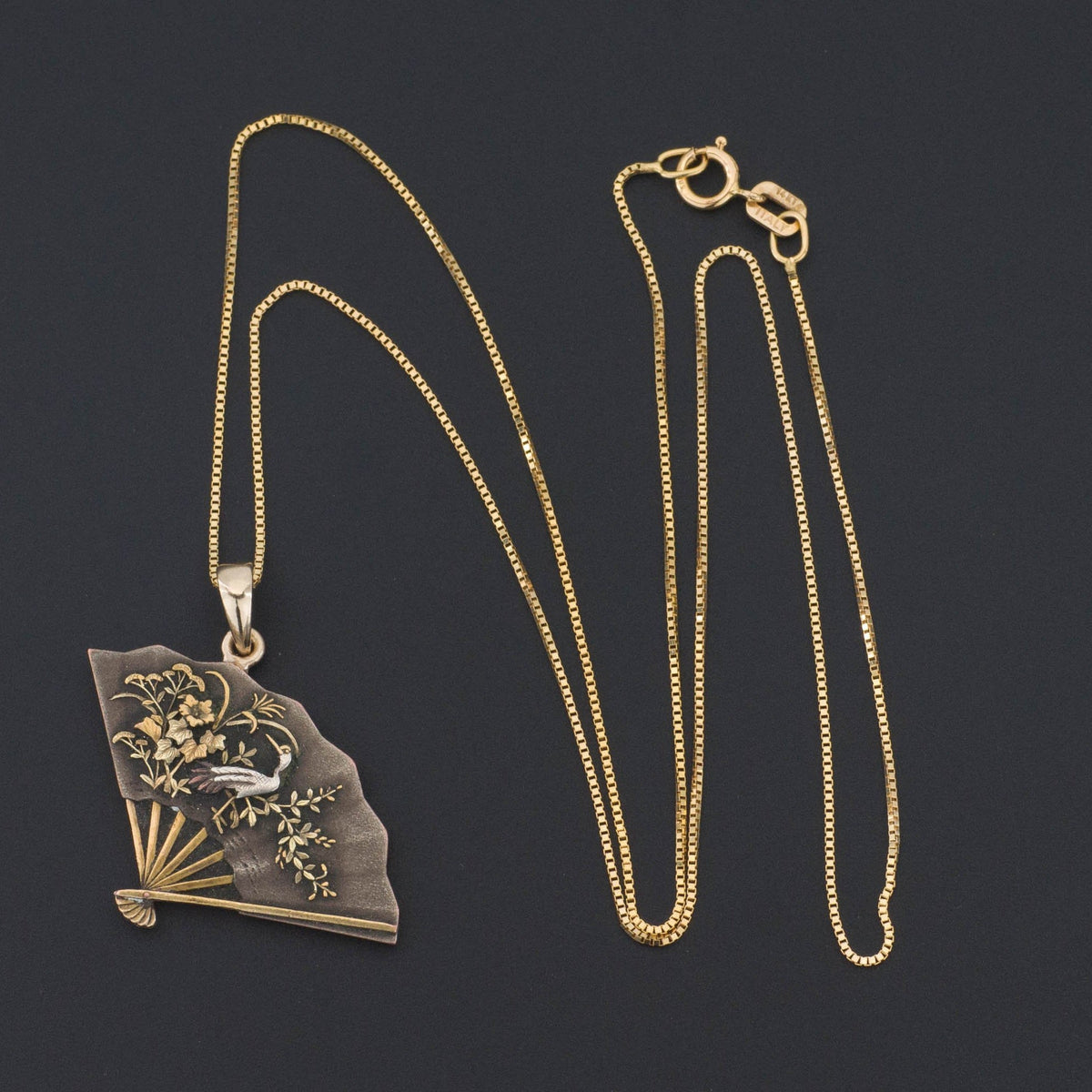 Shakudo Pendant | Antique Shakudo fan with Crane on Optional 14k Gold Chain - Trademark Antiques