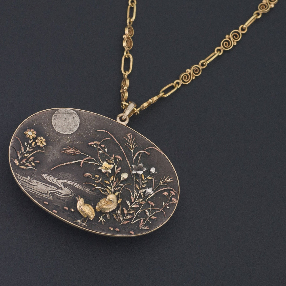 Shakudo Pendant | Antique Shakudo Piece set in 14k gold with an Optional 18k Chain - Trademark Antiques