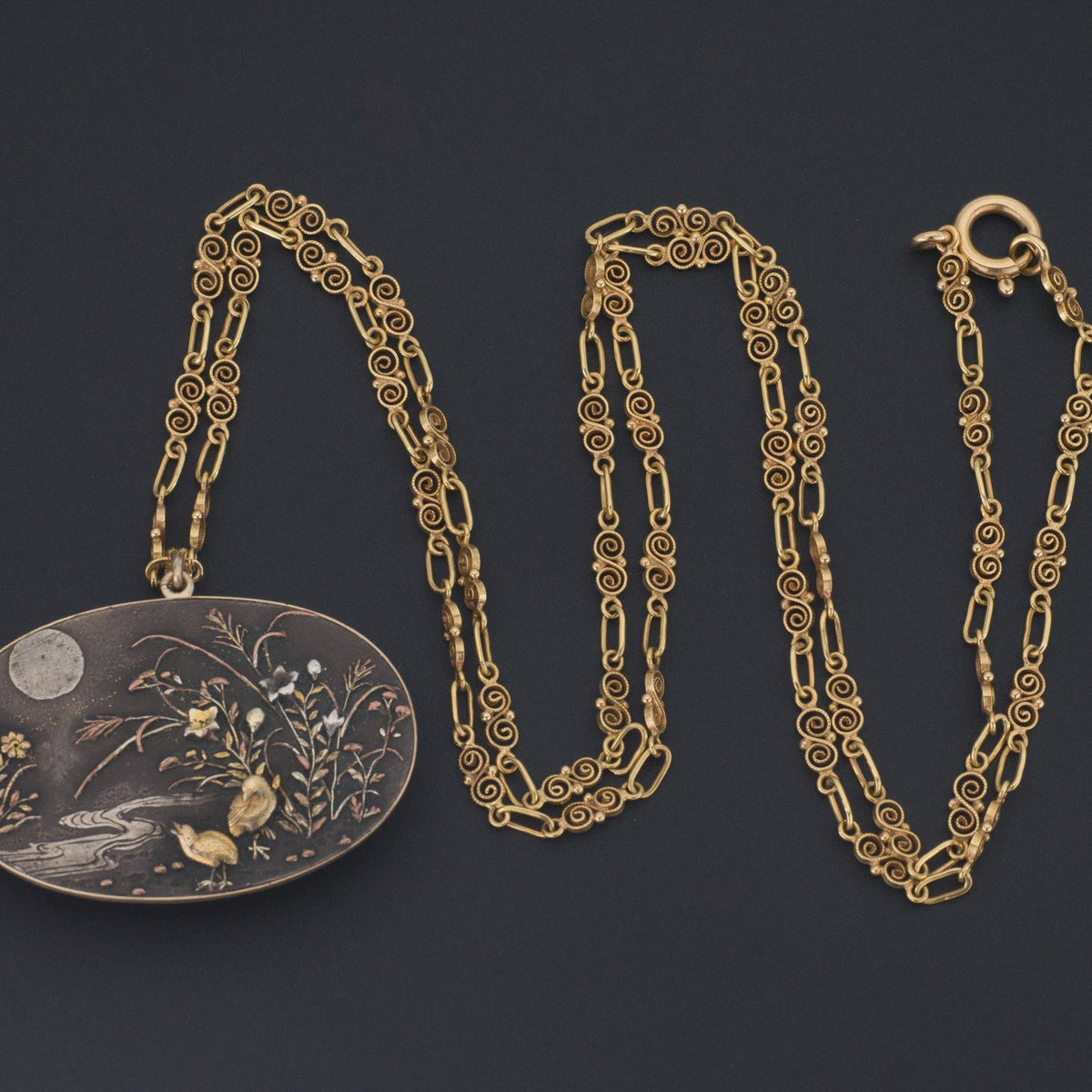 Shakudo Pendant | Antique Shakudo Piece set in 14k gold with an Optional 18k Chain - Trademark Antiques