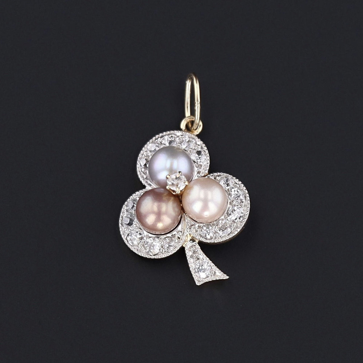 Shamrock Pendant | Diamond and Pearl Shamrock Charm - Trademark Antiques
