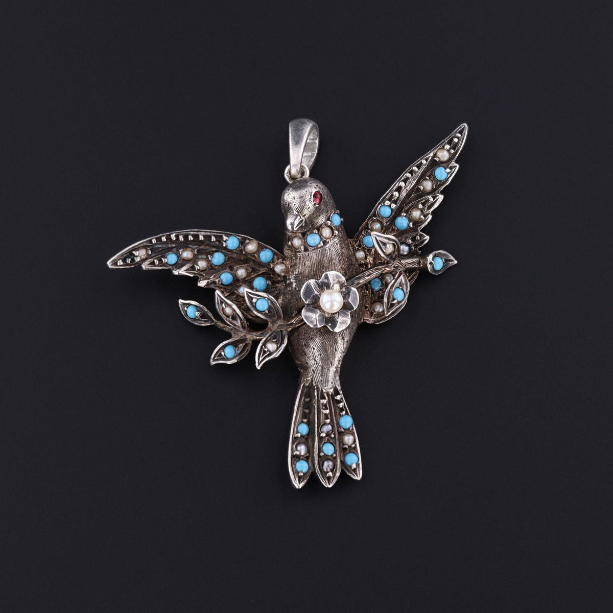 Silver Bird Pendant | Antique Turquoise &amp; Pearl Bird Pendant - Trademark Antiques