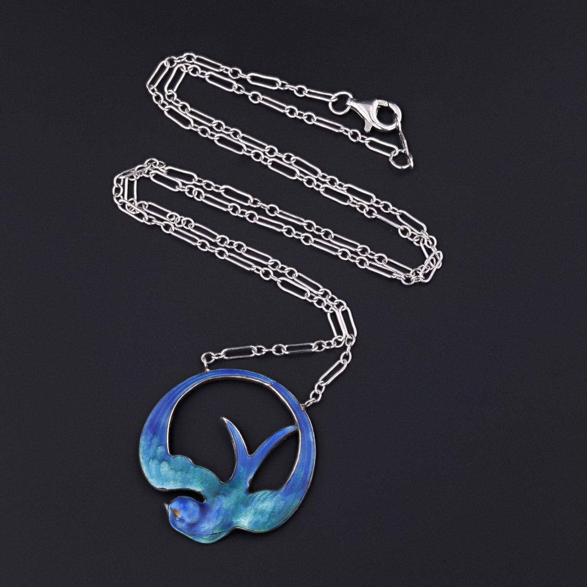 Silver &amp; Blue Enamel Swallow Bird Necklace | Vintage Pin Conversion Necklace - Trademark Antiques