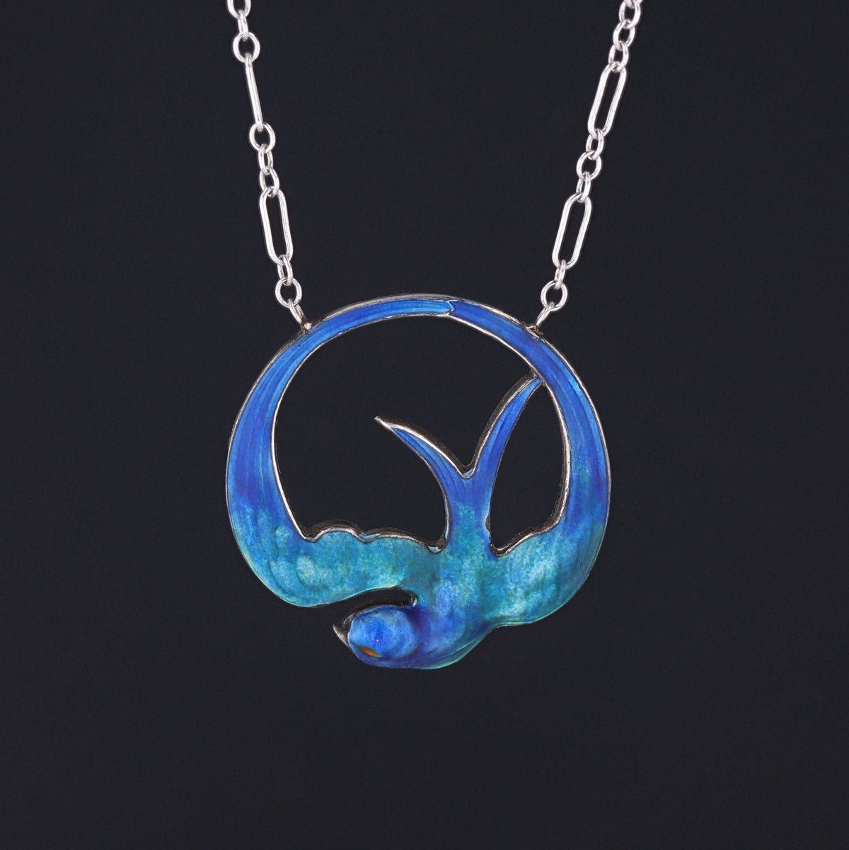 Silver &amp; Blue Enamel Swallow Bird Necklace | Vintage Pin Conversion Necklace - Trademark Antiques