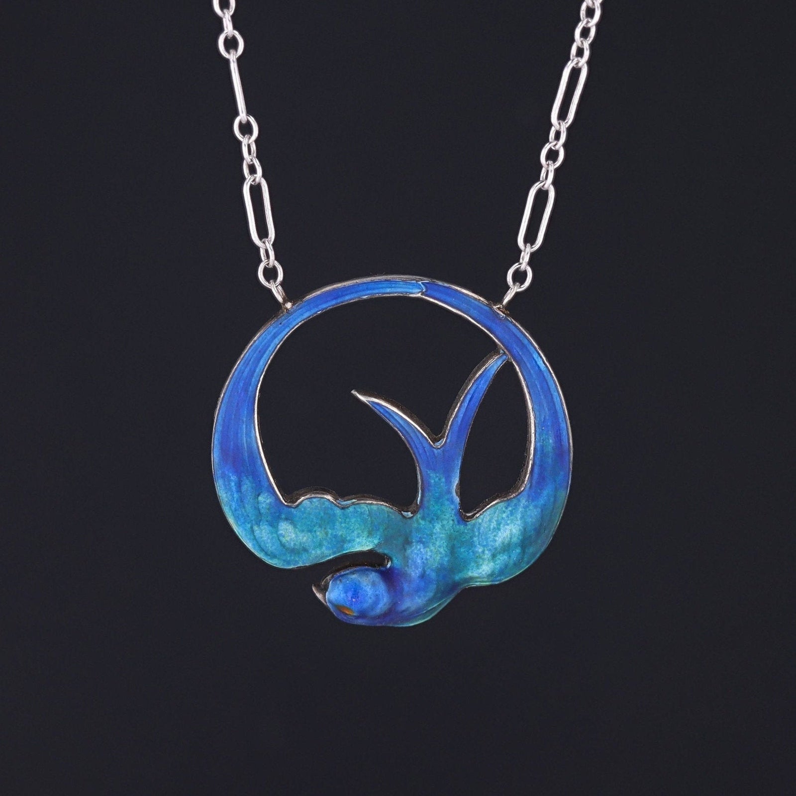 Silver & Blue Enamel Swallow Bird Necklace | Vintage Pin Conversion Necklace - Trademark Antiques