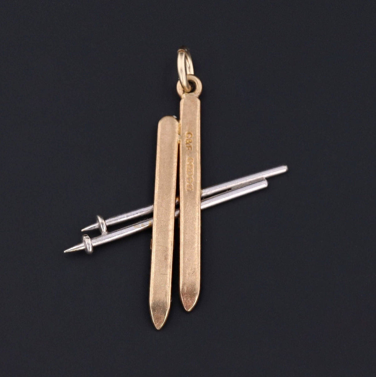 Ski &amp; Poles Charm | Vintage 9ct Gold Charm - Trademark Antiques