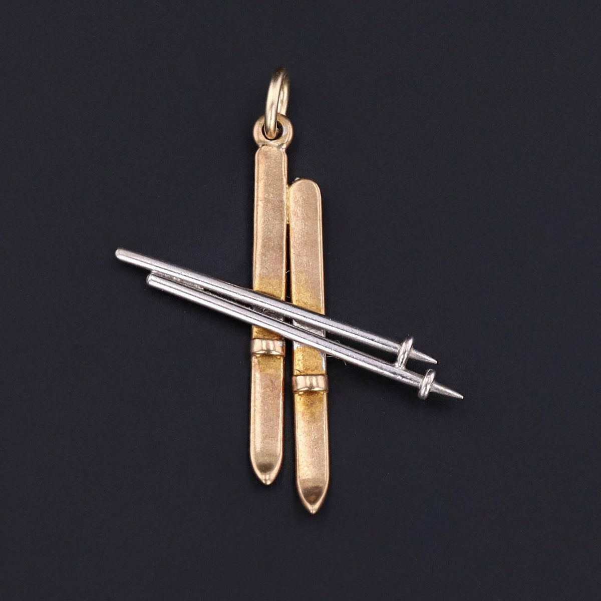 Ski &amp; Poles Charm | Vintage 9ct Gold Charm - Trademark Antiques