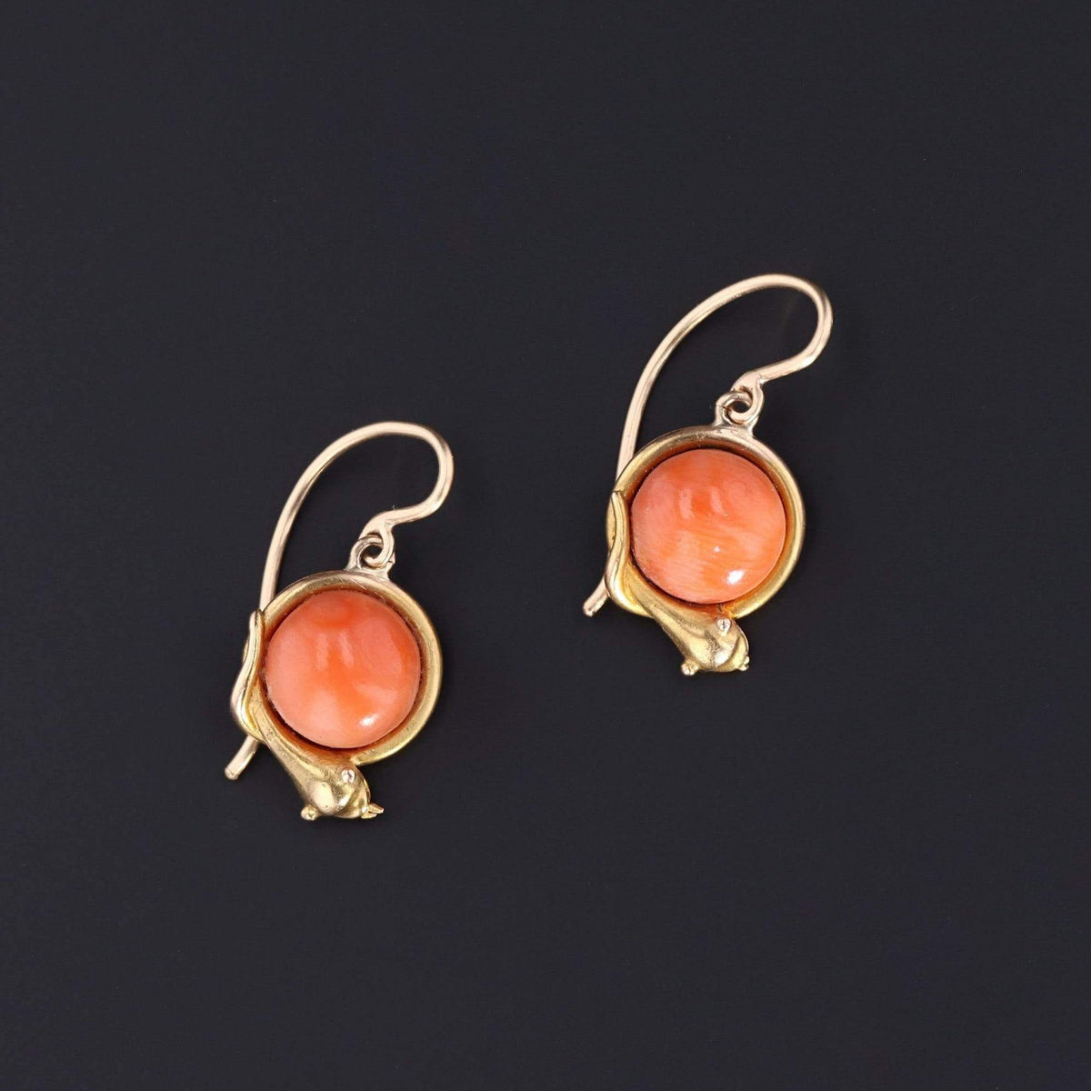 Snake Earrings | 14k Gold &amp; Coral Snake Earrings - Trademark Antiques