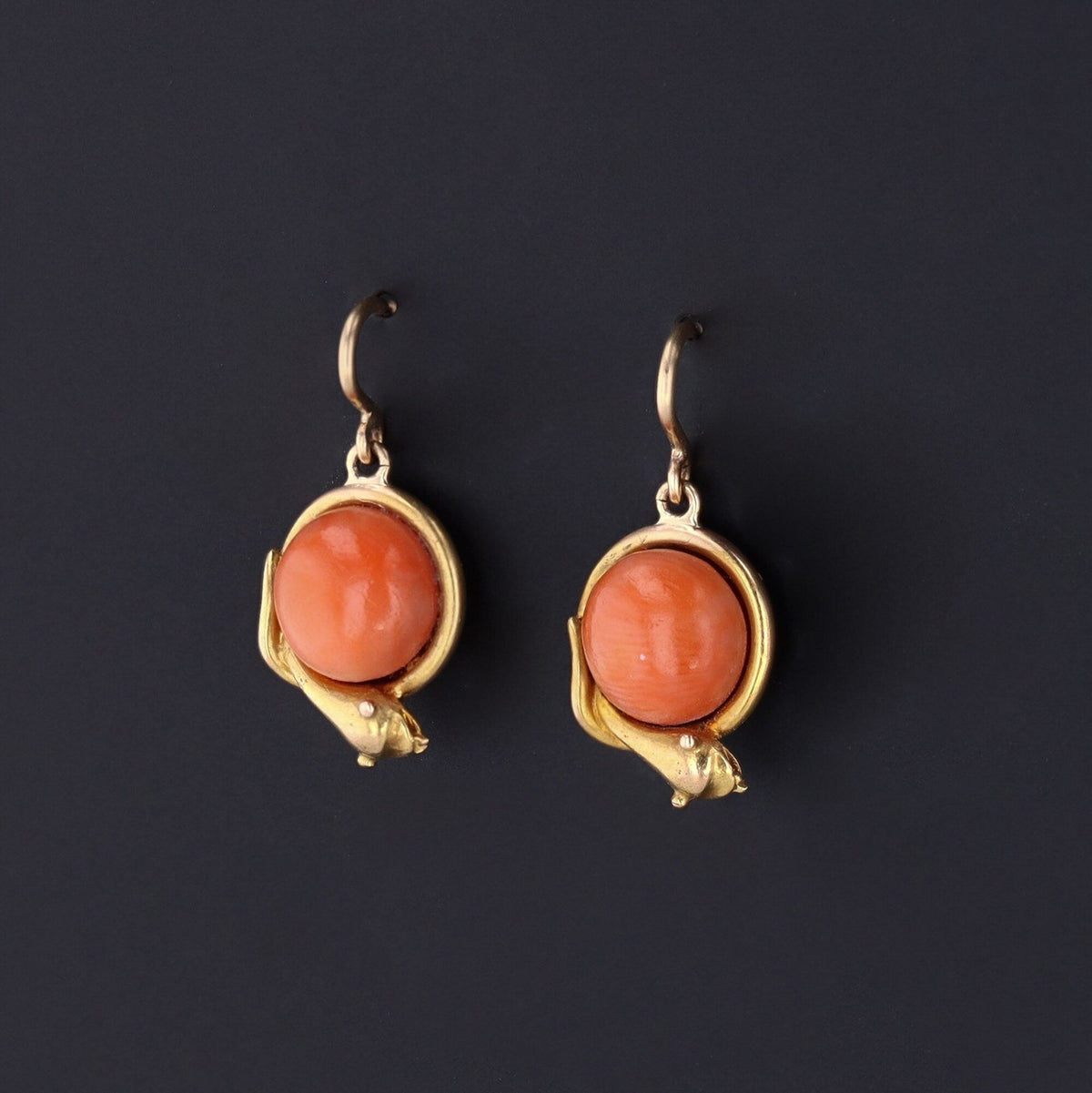 Snake Earrings | 14k Gold &amp; Coral Snake Earrings - Trademark Antiques
