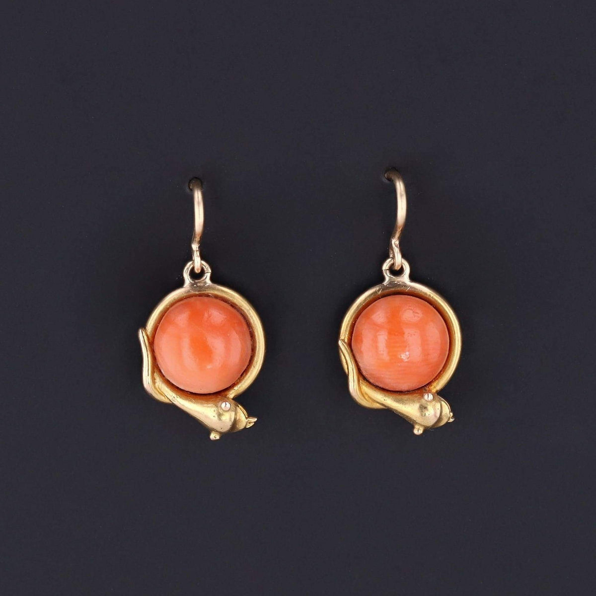 Snake Earrings | 14k Gold &amp; Coral Snake Earrings - Trademark Antiques