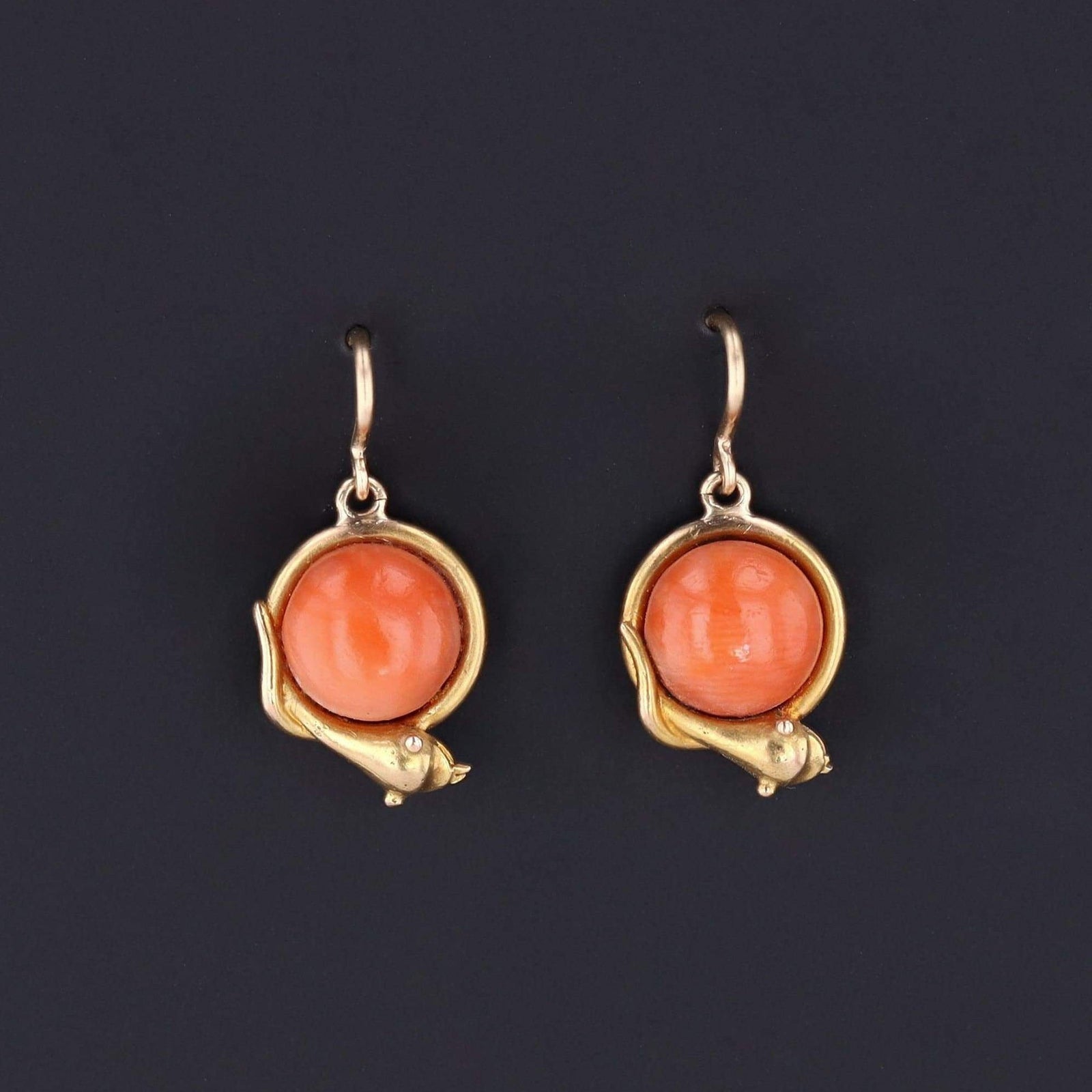 Snake Earrings | 14k Gold & Coral Snake Earrings - Trademark Antiques