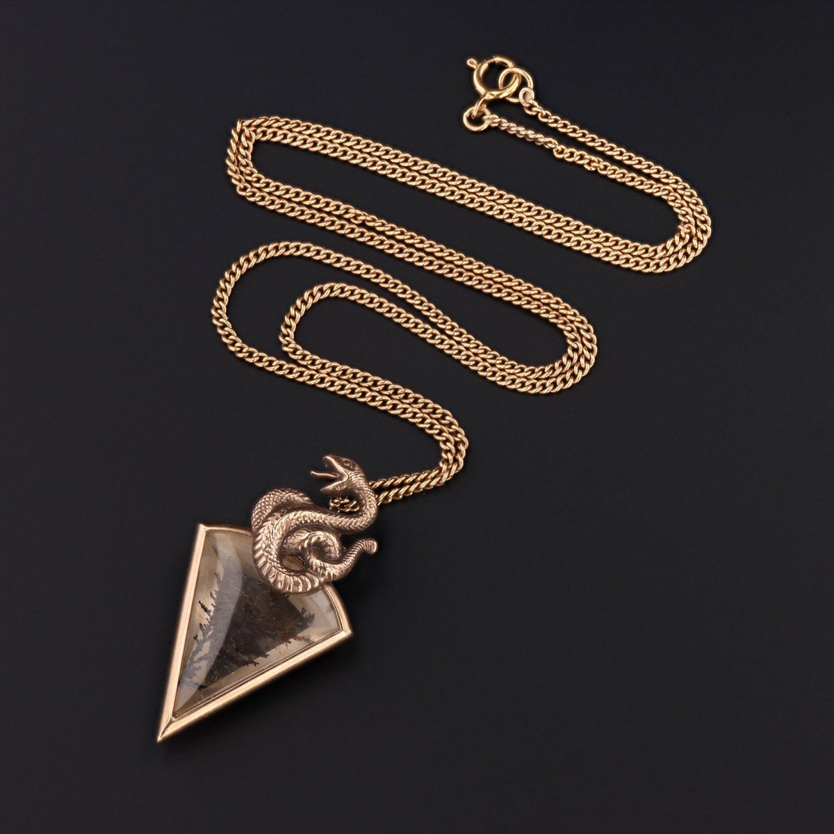 Snake Pendant | 14k Gold &amp; Dendritic Quartz Pendant on Optional 9ct Chain - Trademark Antiques