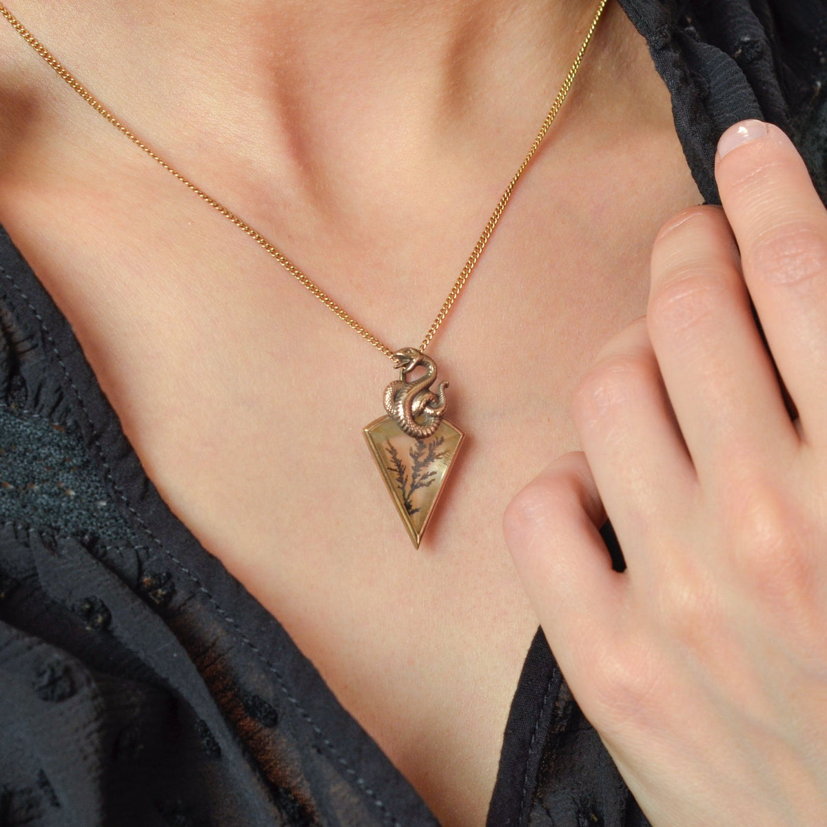 Snake Pendant | 14k Gold &amp; Dendritic Quartz Pendant on Optional 9ct Chain - Trademark Antiques