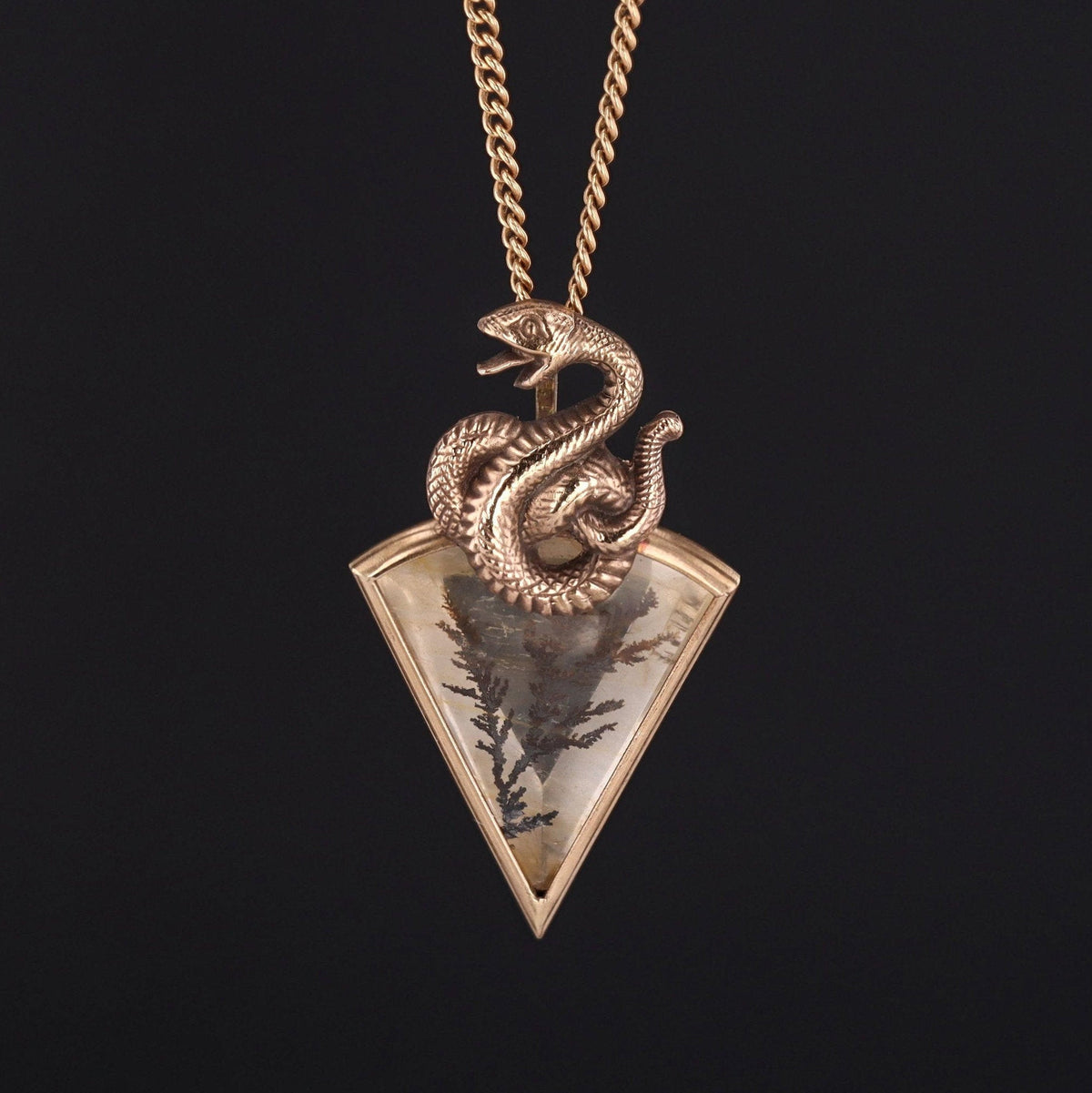 Snake Pendant | 14k Gold &amp; Dendritic Quartz Pendant on Optional 9ct Chain - Trademark Antiques