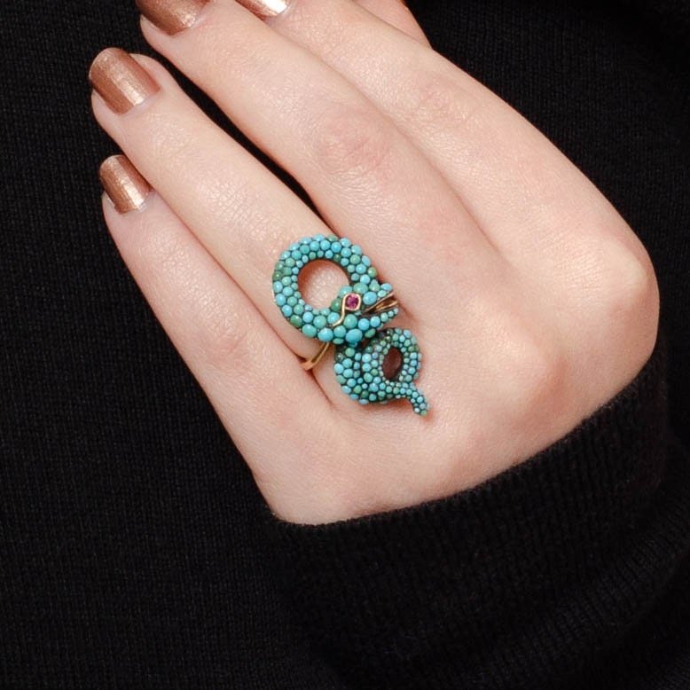 Snake Ring | 14k Gold, Turquoise &amp; Ruby Ring - Trademark Antiques