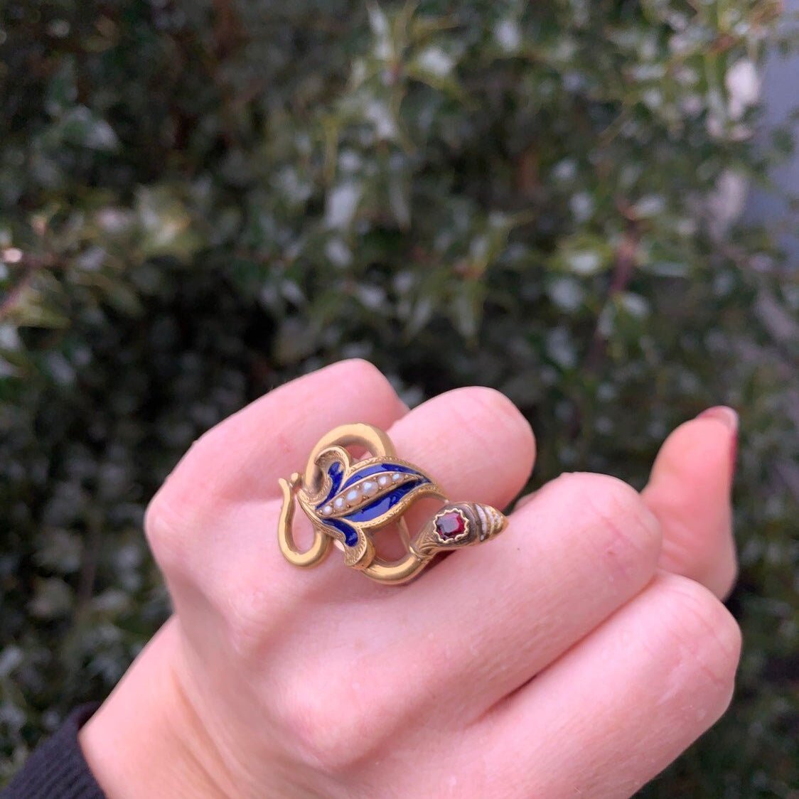 Snake Ring | Antique Snake Ring with Garnet Enamel &amp; Pearl - Trademark Antiques