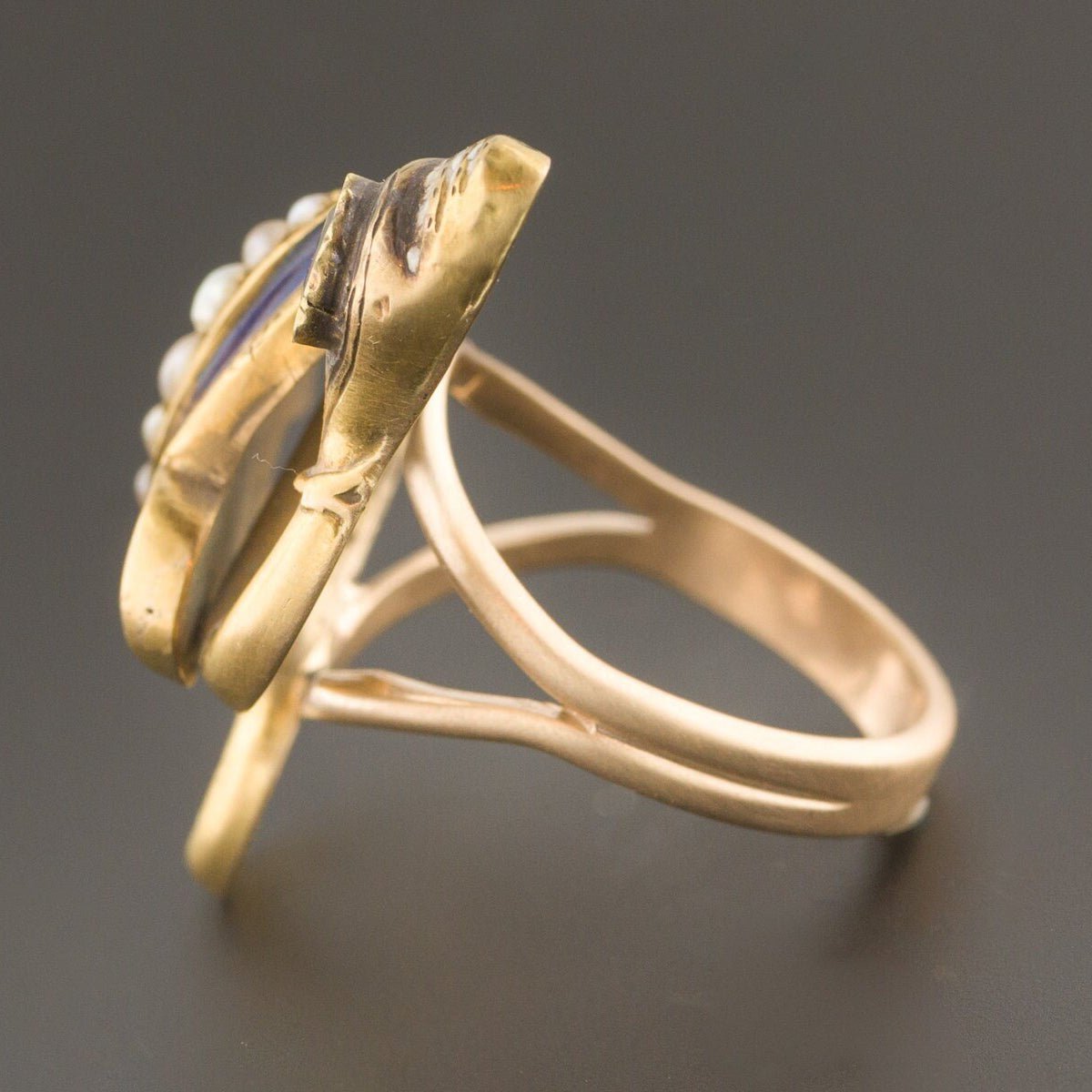 Snake Ring | Antique Snake Ring with Garnet Enamel &amp; Pearl - Trademark Antiques