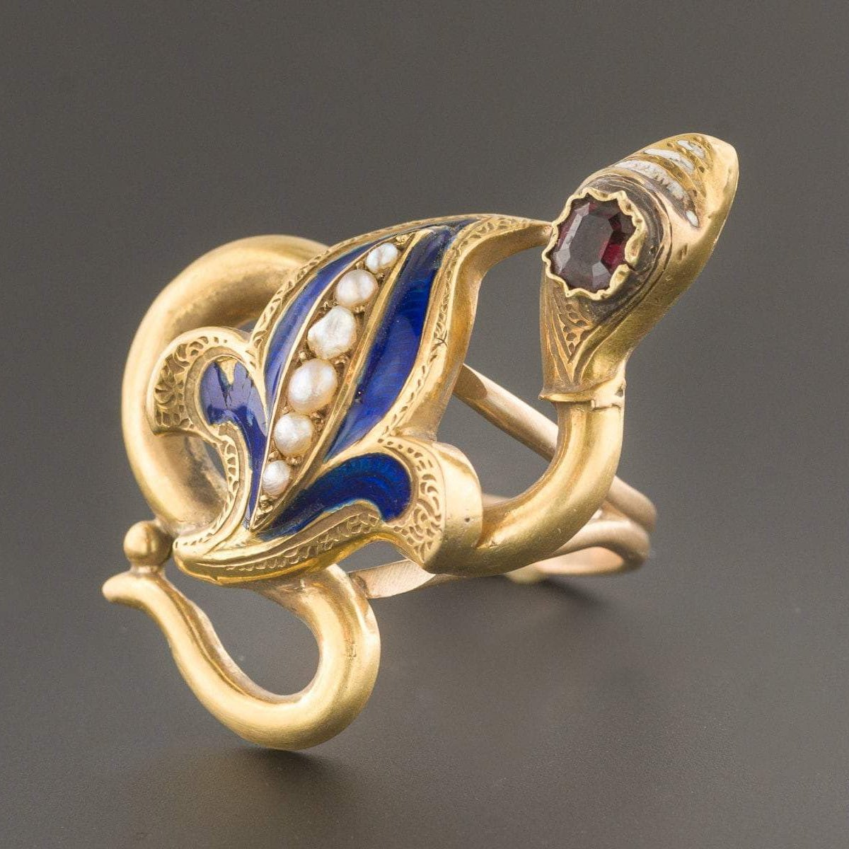 Snake Ring | Antique Snake Ring with Garnet Enamel &amp; Pearl - Trademark Antiques