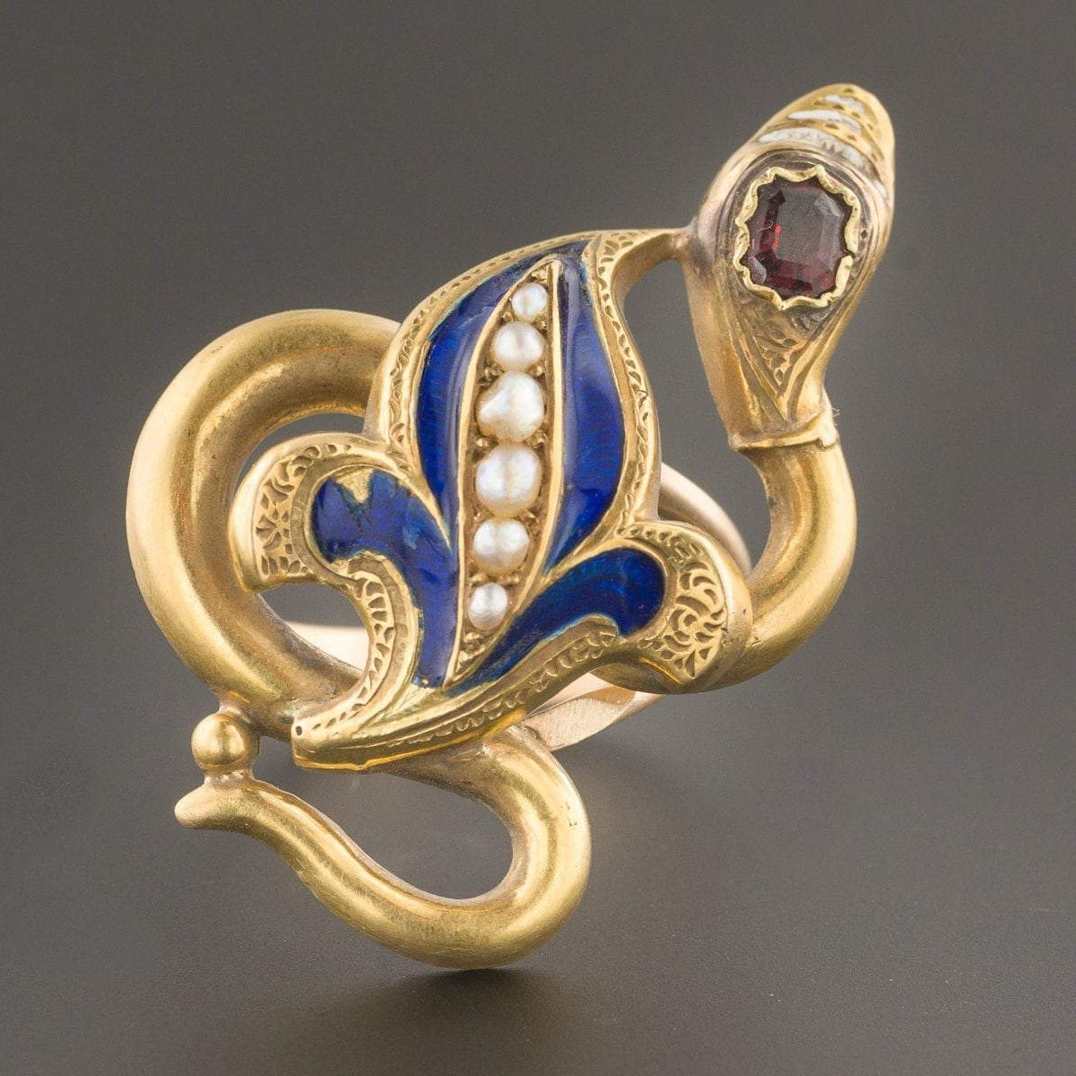 Snake Ring | Antique Snake Ring with Garnet Enamel &amp; Pearl - Trademark Antiques