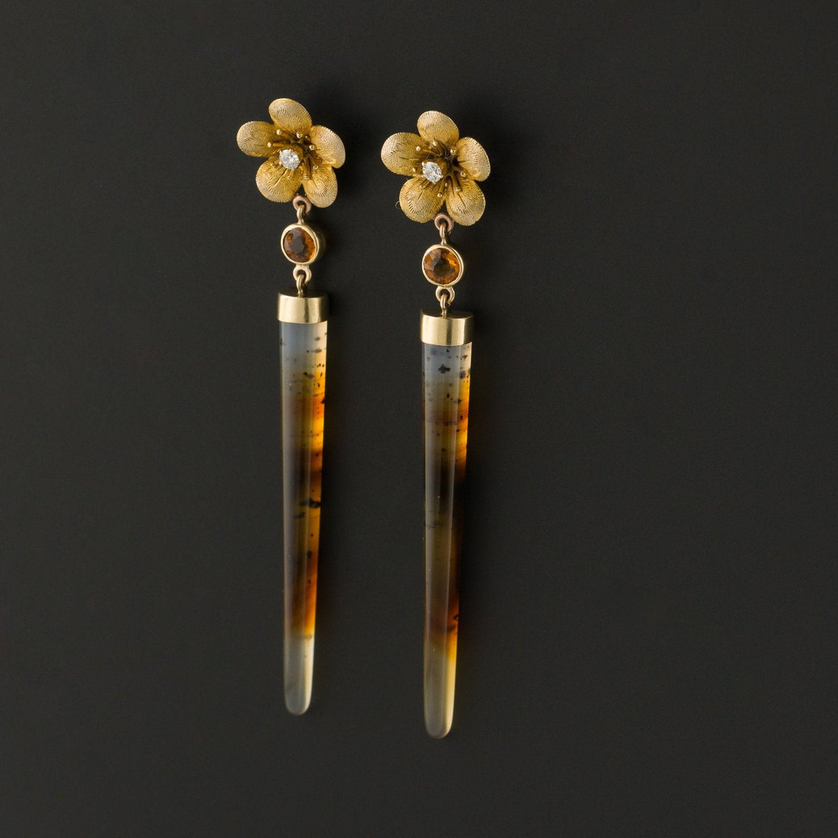 Statement Earrings | Flower Earrings with Montana Agate Diamond and Citrine - Trademark Antiques