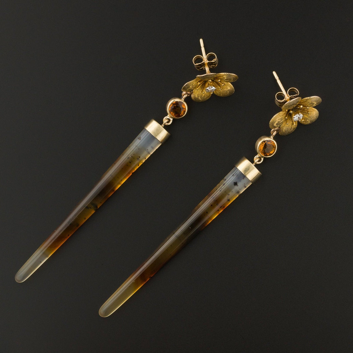 Statement Earrings | Flower Earrings with Montana Agate Diamond and Citrine - Trademark Antiques