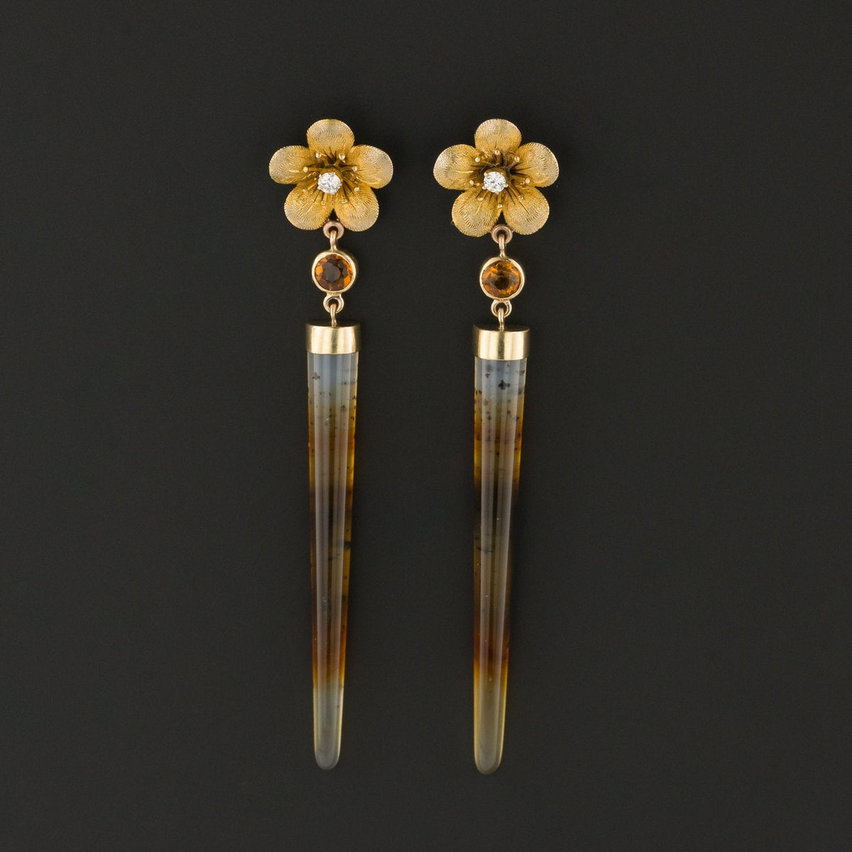 Statement Earrings | Flower Earrings with Montana Agate Diamond and Citrine - Trademark Antiques