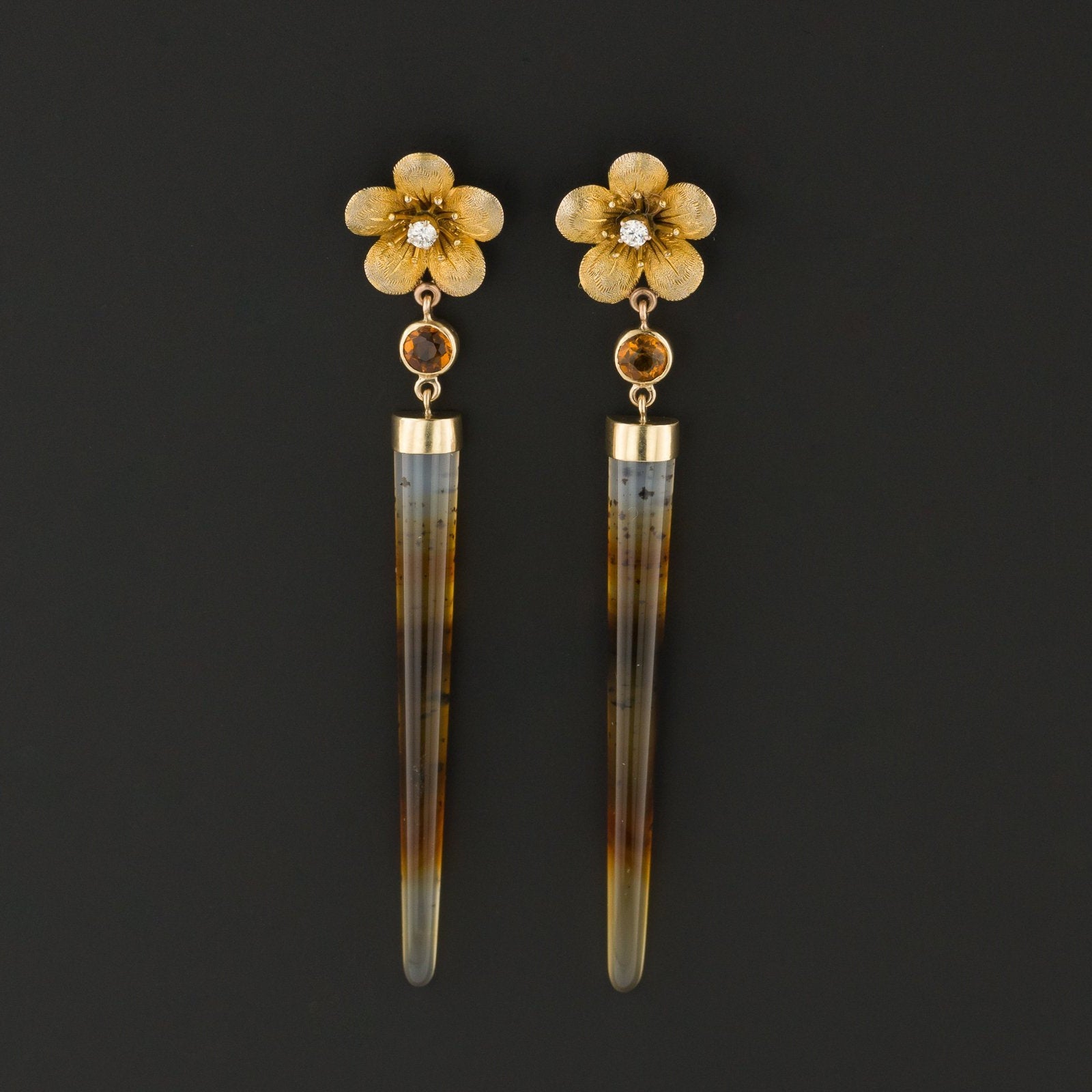 Statement Earrings | Flower Earrings with Montana Agate Diamond and Citrine - Trademark Antiques