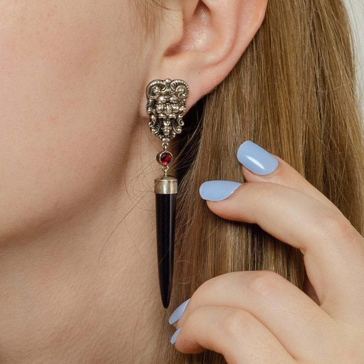 Statement Earrings | Satyr Earrings with Black Jade and Garnet - Trademark Antiques