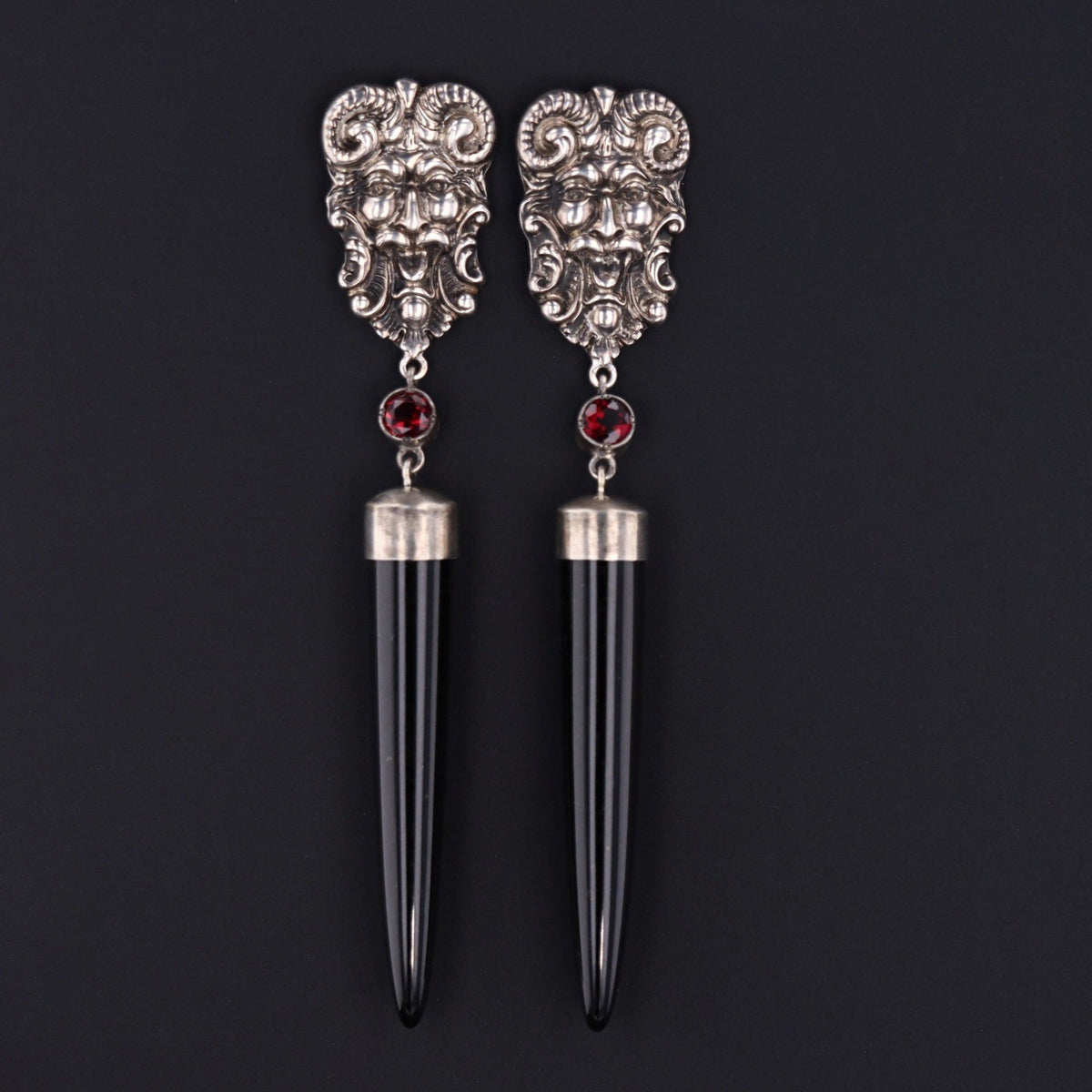 Statement Earrings | Satyr Earrings with Black Jade and Garnet - Trademark Antiques
