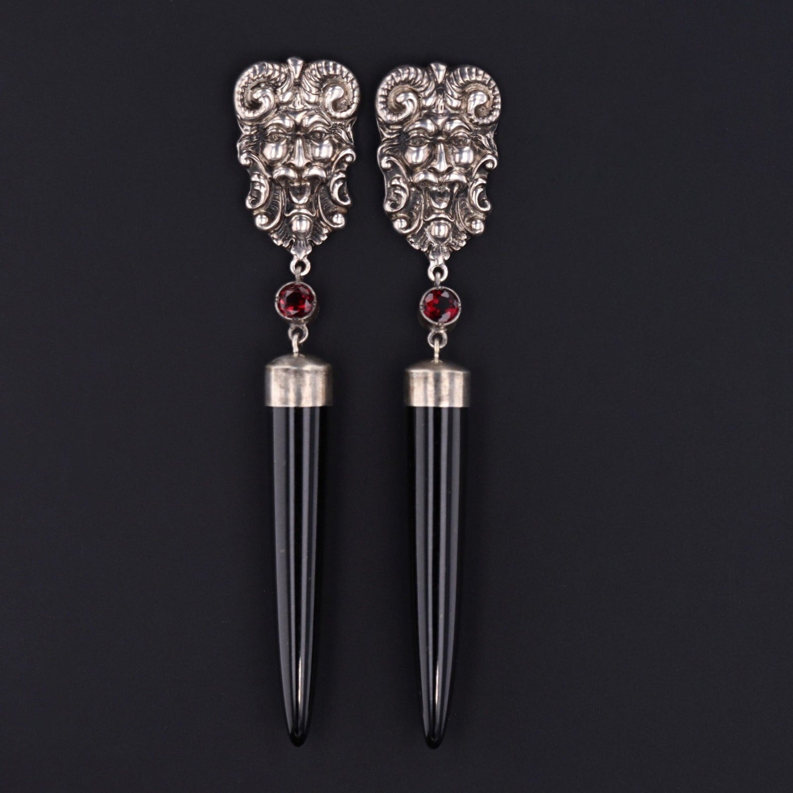 Statement Earrings | Satyr Earrings with Black Jade and Garnet - Trademark Antiques