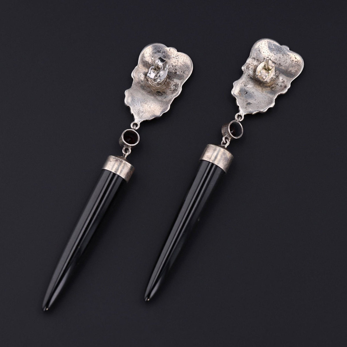 Statement Earrings | Satyr Earrings with Black Jade and Garnet - Trademark Antiques