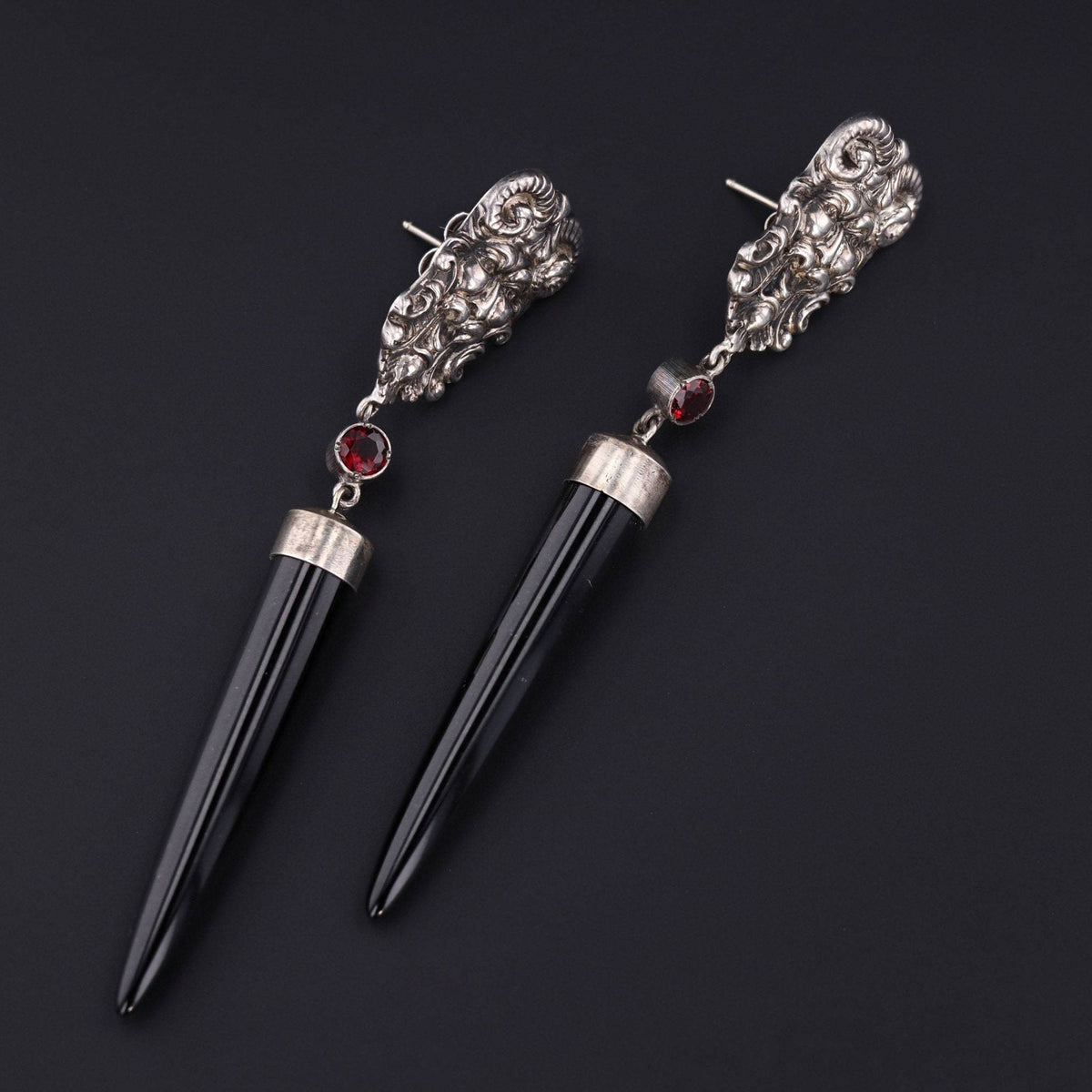 Statement Earrings | Satyr Earrings with Black Jade and Garnet - Trademark Antiques