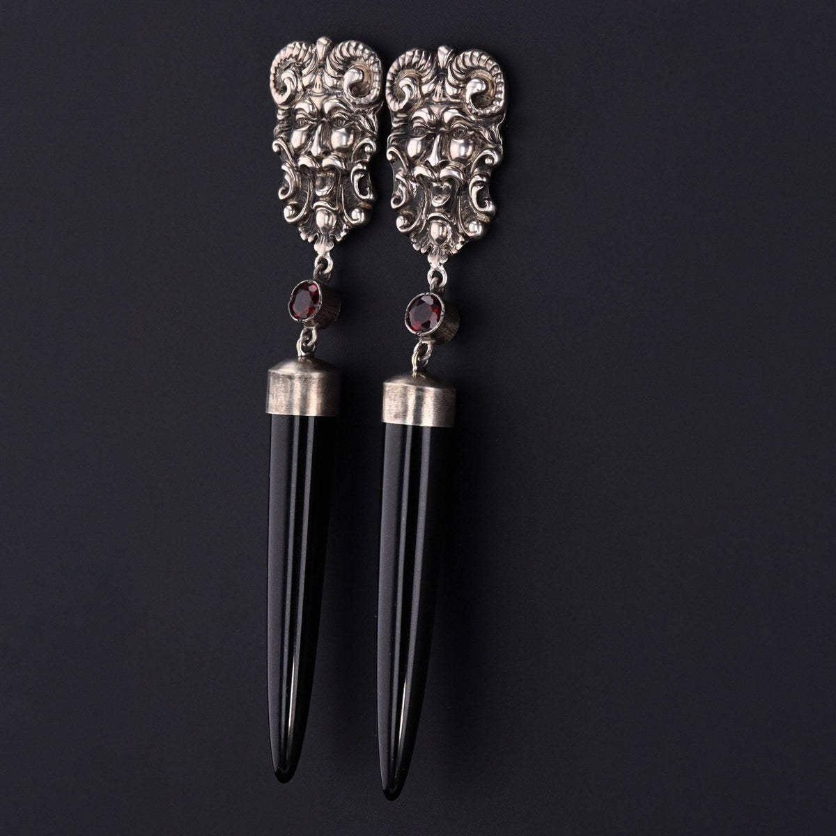Statement Earrings | Satyr Earrings with Black Jade and Garnet - Trademark Antiques
