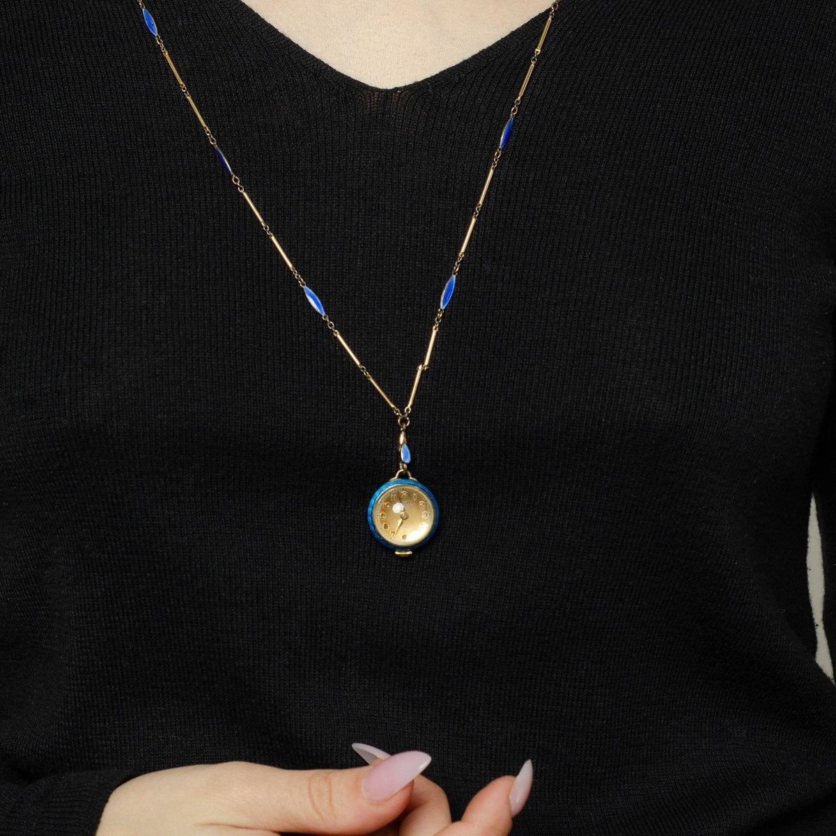 Sterling Silver Bucherer Pendant Watch on Blue Enamel Chain | Vintage Pendant Ball Watch - Trademark Antiques