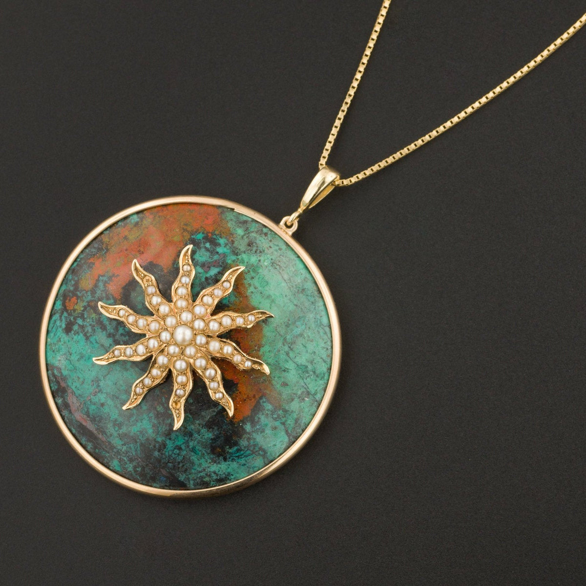 Sunburst Pendant | 14k Gold Chrysocolla &amp; Pearl Sunburst Pendant with Optional 14k Gold Chain. - Trademark Antiques