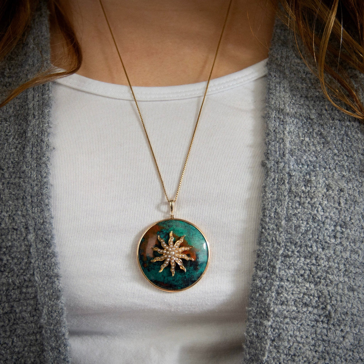 Sunburst Pendant | 14k Gold Chrysocolla &amp; Pearl Sunburst Pendant with Optional 14k Gold Chain. - Trademark Antiques