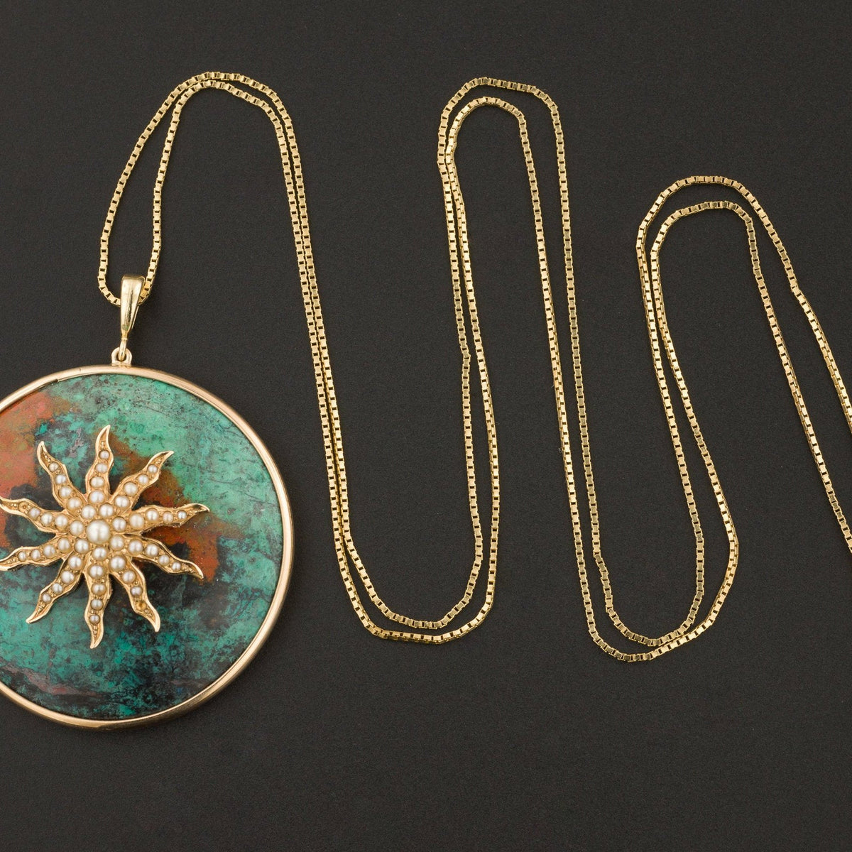 Sunburst Pendant | 14k Gold Chrysocolla &amp; Pearl Sunburst Pendant with Optional 14k Gold Chain. - Trademark Antiques