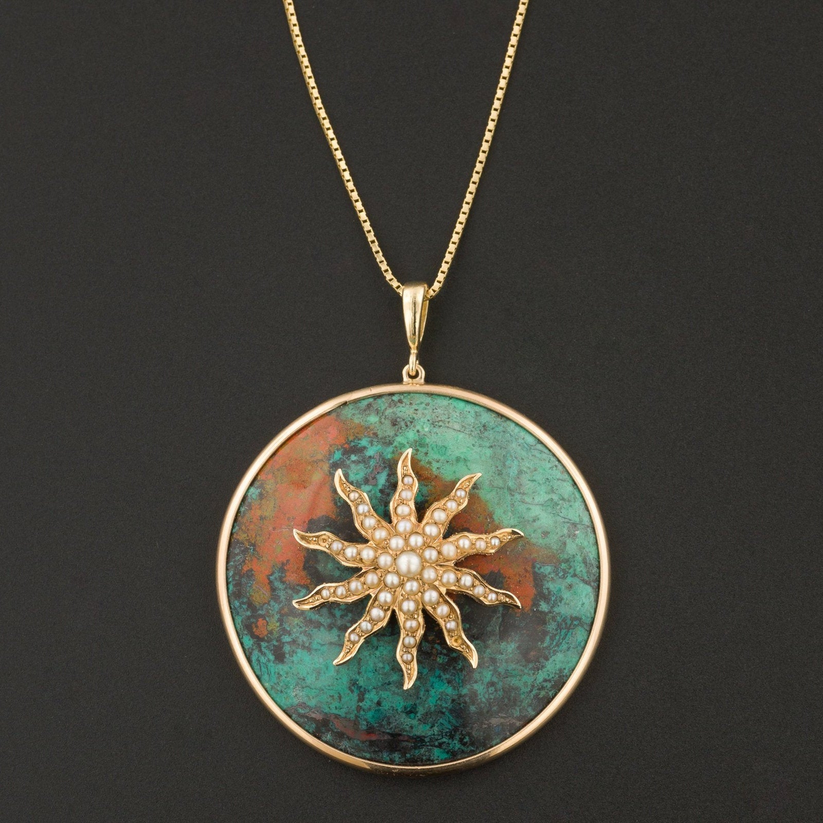 Sunburst Pendant | 14k Gold Chrysocolla & Pearl Sunburst Pendant with Optional 14k Gold Chain. - Trademark Antiques