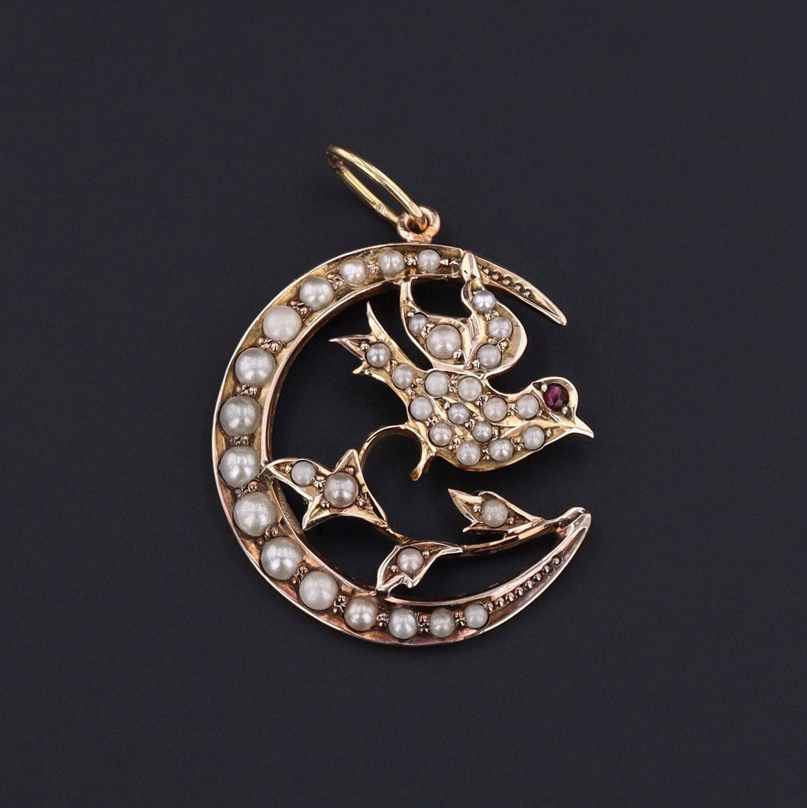 Swallow & Crescent Moon Pendant | Antique Pin Conversion - Trademark Antiques