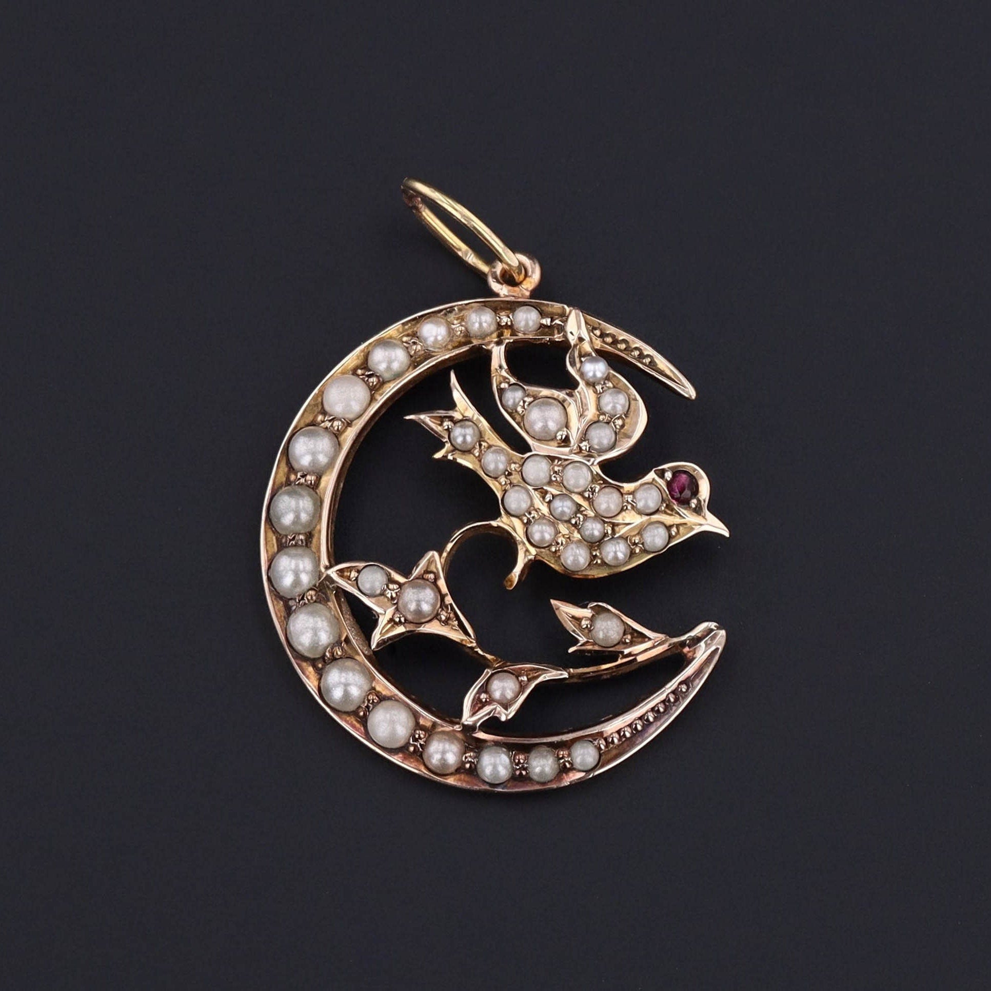 Swallow & Crescent Moon Pendant | Antique Pin Conversion - Trademark Antiques