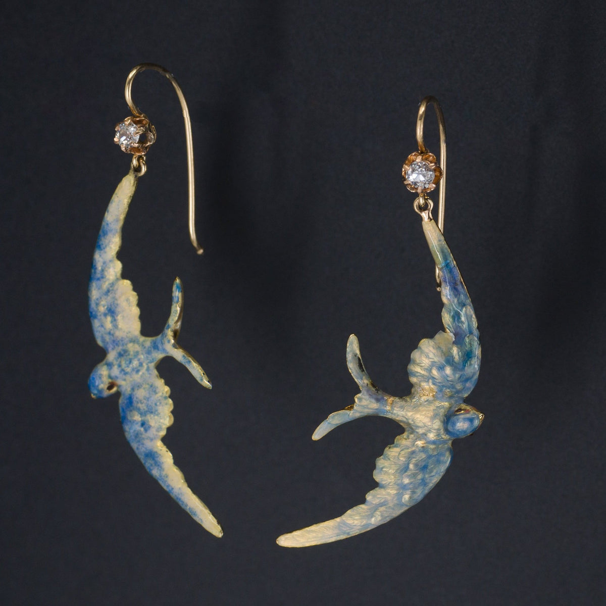 Swallow Earrings | 14k Gold Diamond &amp; Enamel Bird Earrings - Trademark Antiques