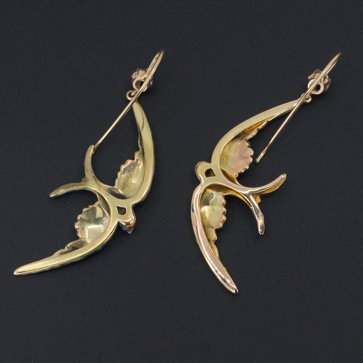 Swallow Earrings | 14k Gold Diamond &amp; Enamel Bird Earrings - Trademark Antiques
