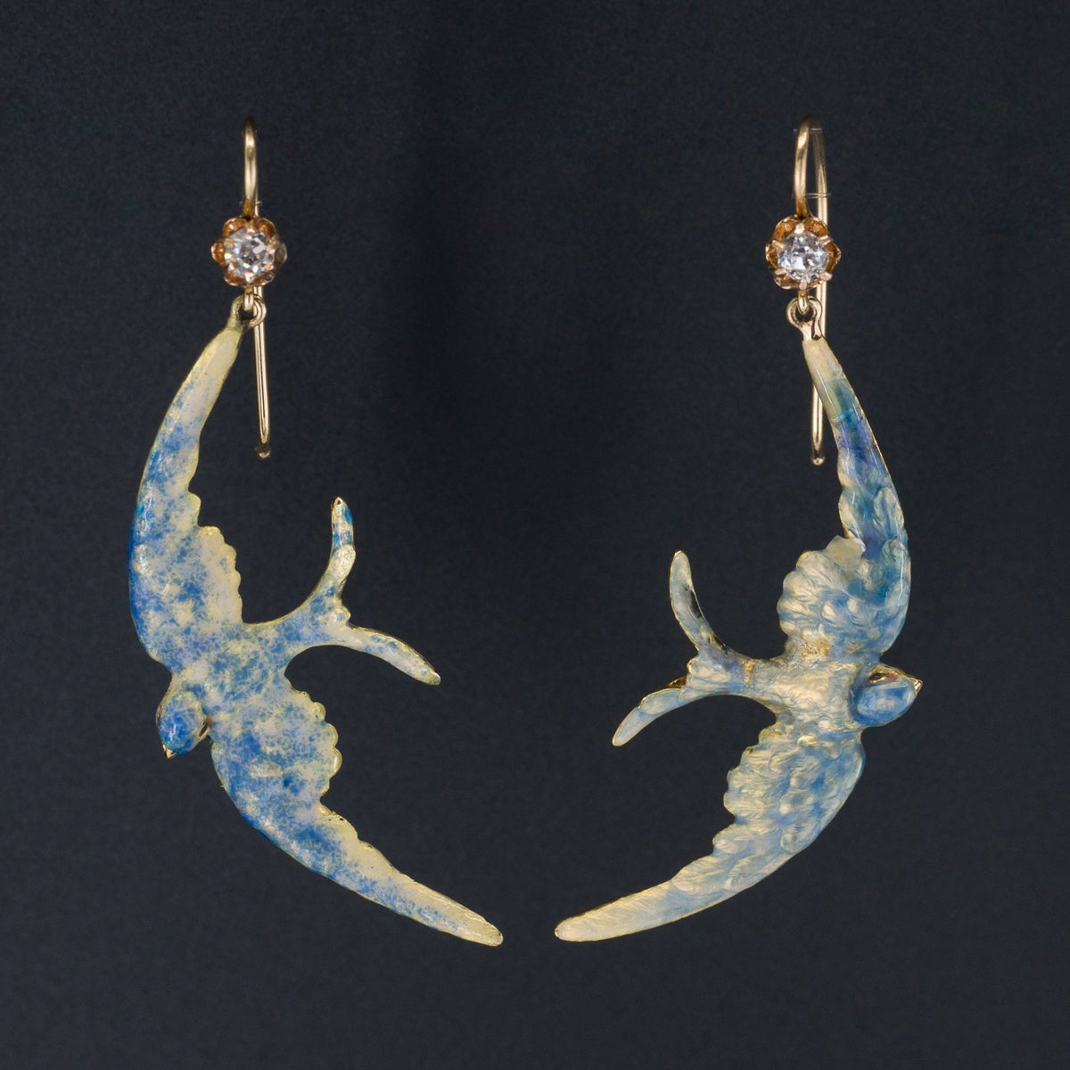 Swallow Earrings | 14k Gold Diamond &amp; Enamel Bird Earrings - Trademark Antiques