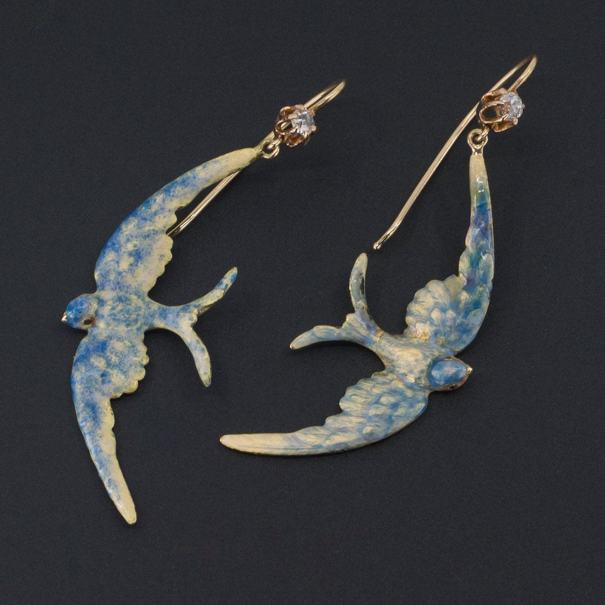 Swallow Earrings | 14k Gold Diamond &amp; Enamel Bird Earrings - Trademark Antiques