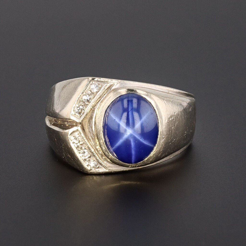 Synthetic Star Sapphire &amp; Diamond Ring | Men's Ring - Trademark Antiques