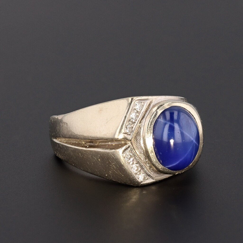 Synthetic Star Sapphire &amp; Diamond Ring | Men's Ring - Trademark Antiques